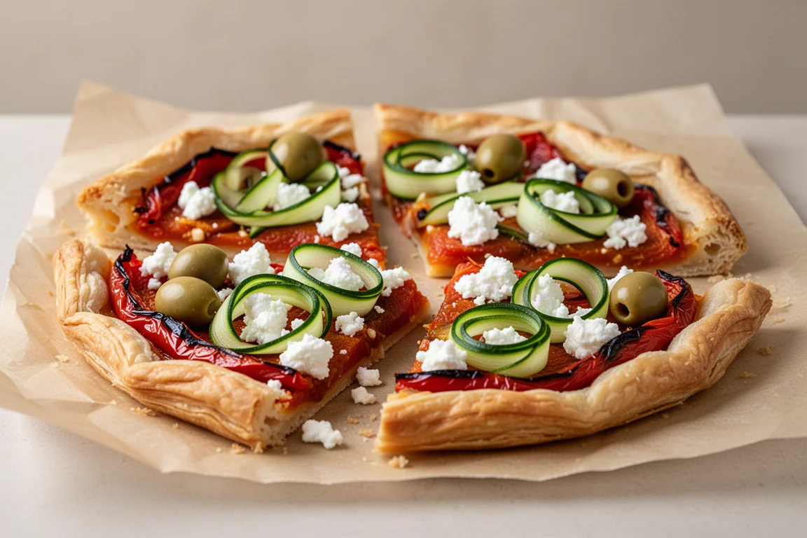 Greek tart slices topped with slow-roasted peppers, cucumber ribbons and crumbled feta