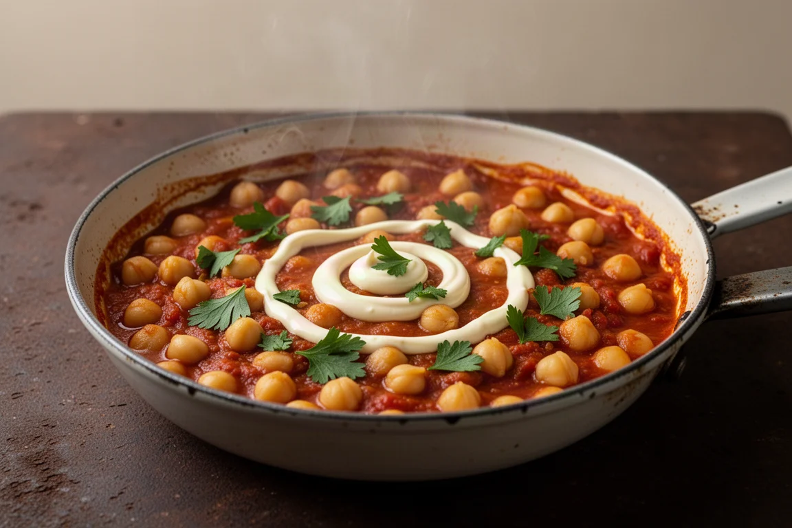 Large plump chickpeas in a tomato and smoked paprika stew in a shallow pan