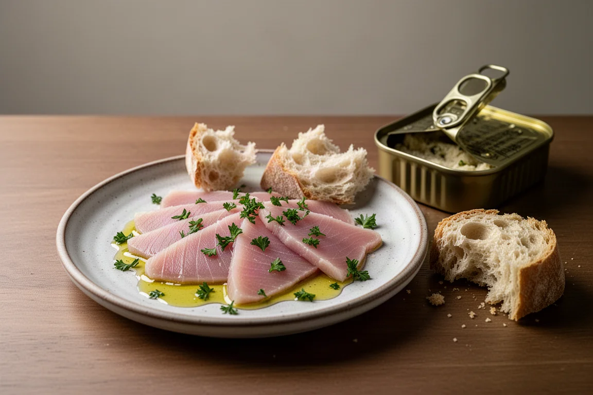 Silky slices of tuna belly fanned on a plate with parsley, bread and olive oil