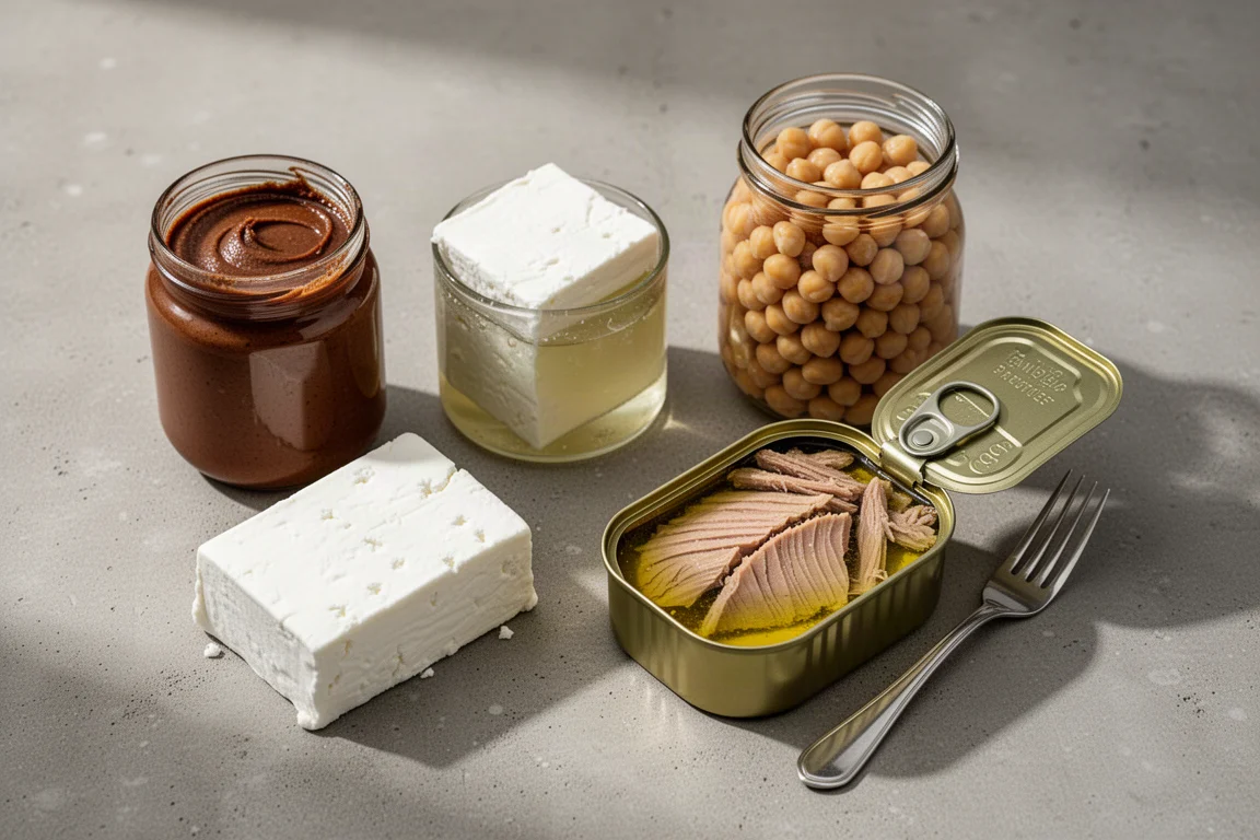 Flat-lay of peanut butter jar, feta cheese, chickpea jar and open tin of tuna on concrete
