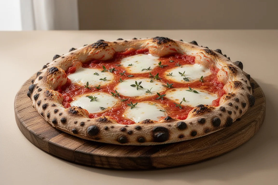 Sauerteig-Pizza mit geblähtem Rand und geschmolzenem Mozzarella auf einem Holzbrett