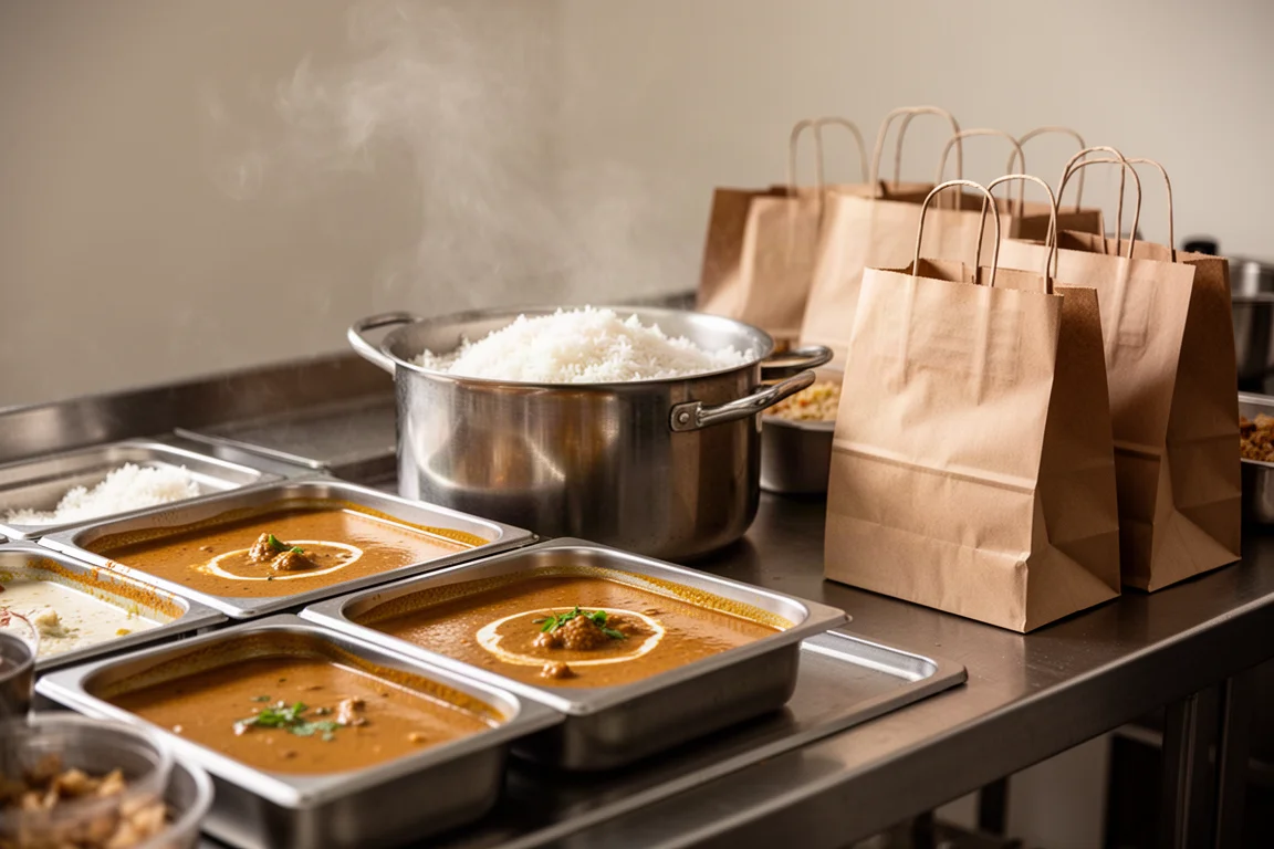 Imbisscounter, an dem Currygerichte mit Reis in Behälter verpackt werden