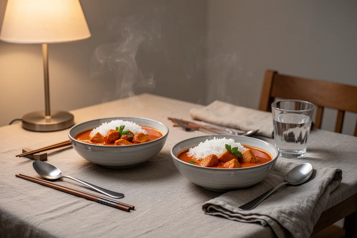 Zwei Personen teilen sich abends ein Curry-Reis-Essen am häuslichen Esstisch