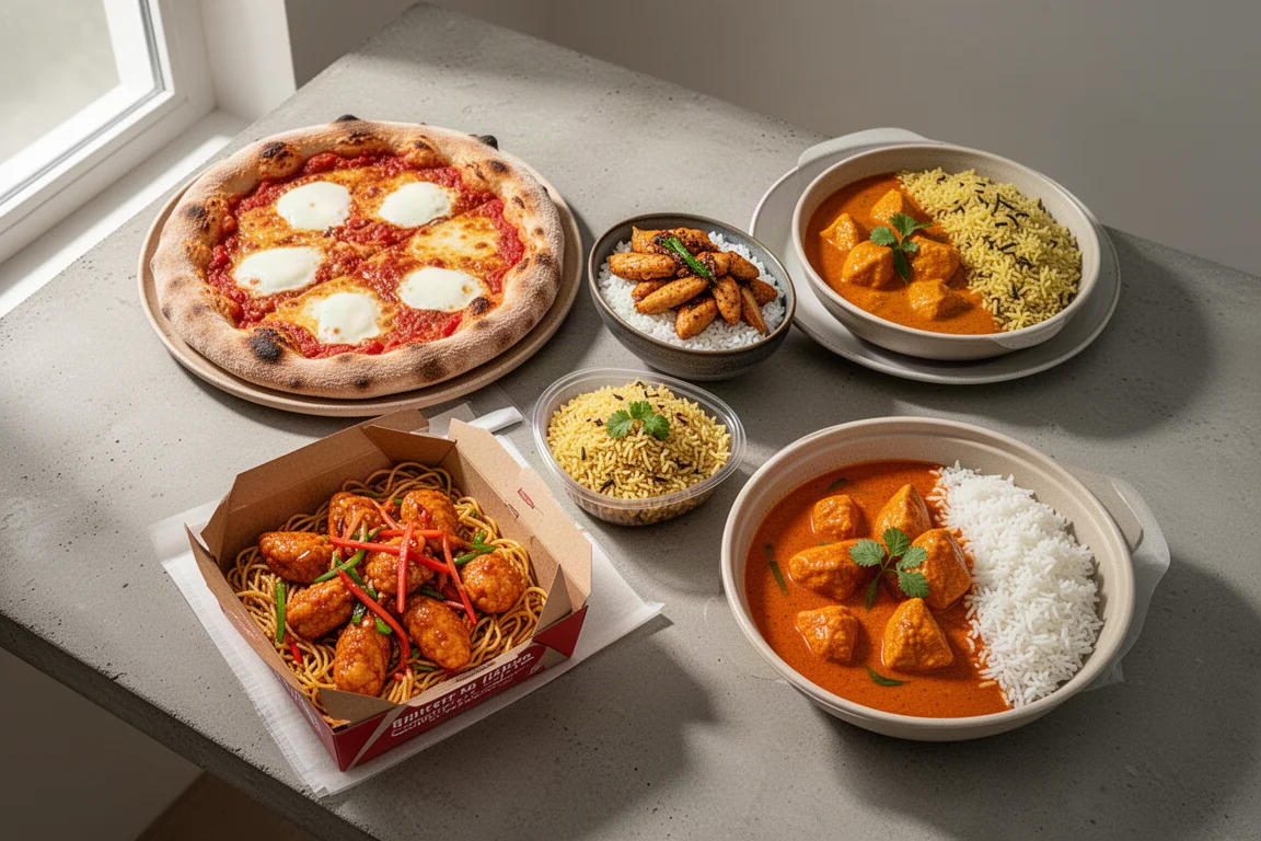 Fünf Fertiggerichte, darunter Pizza, Donburi, Currys und eine chinesische Box, ausgebreitet auf einem Betontisch