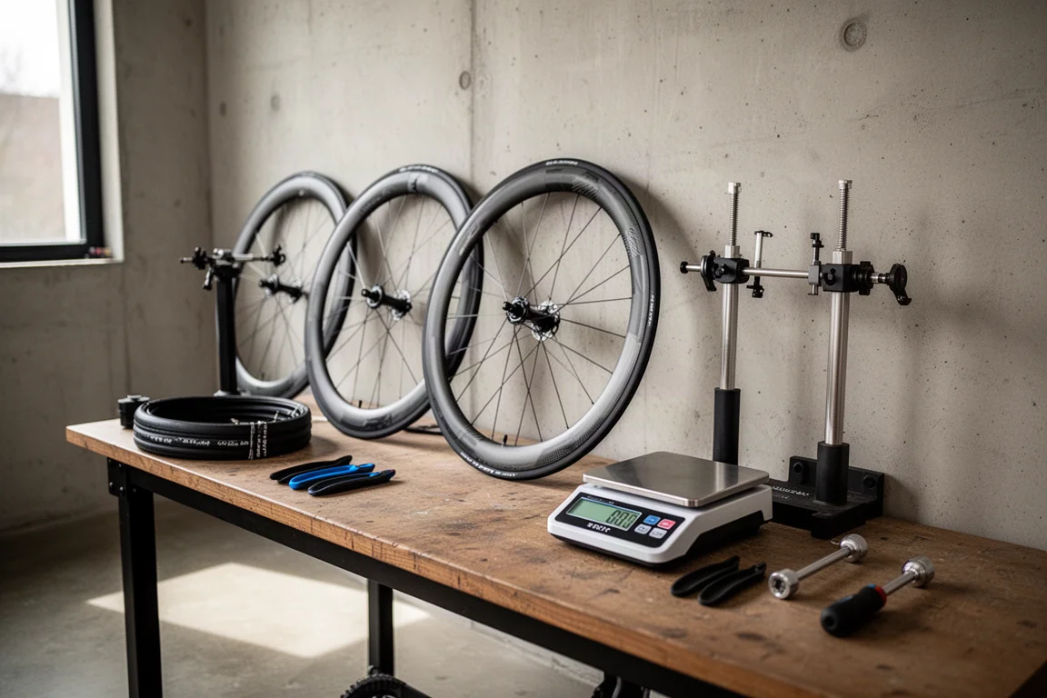 Drie carbon wielsets, een richthulp en digitale weegschalen op een werkbank