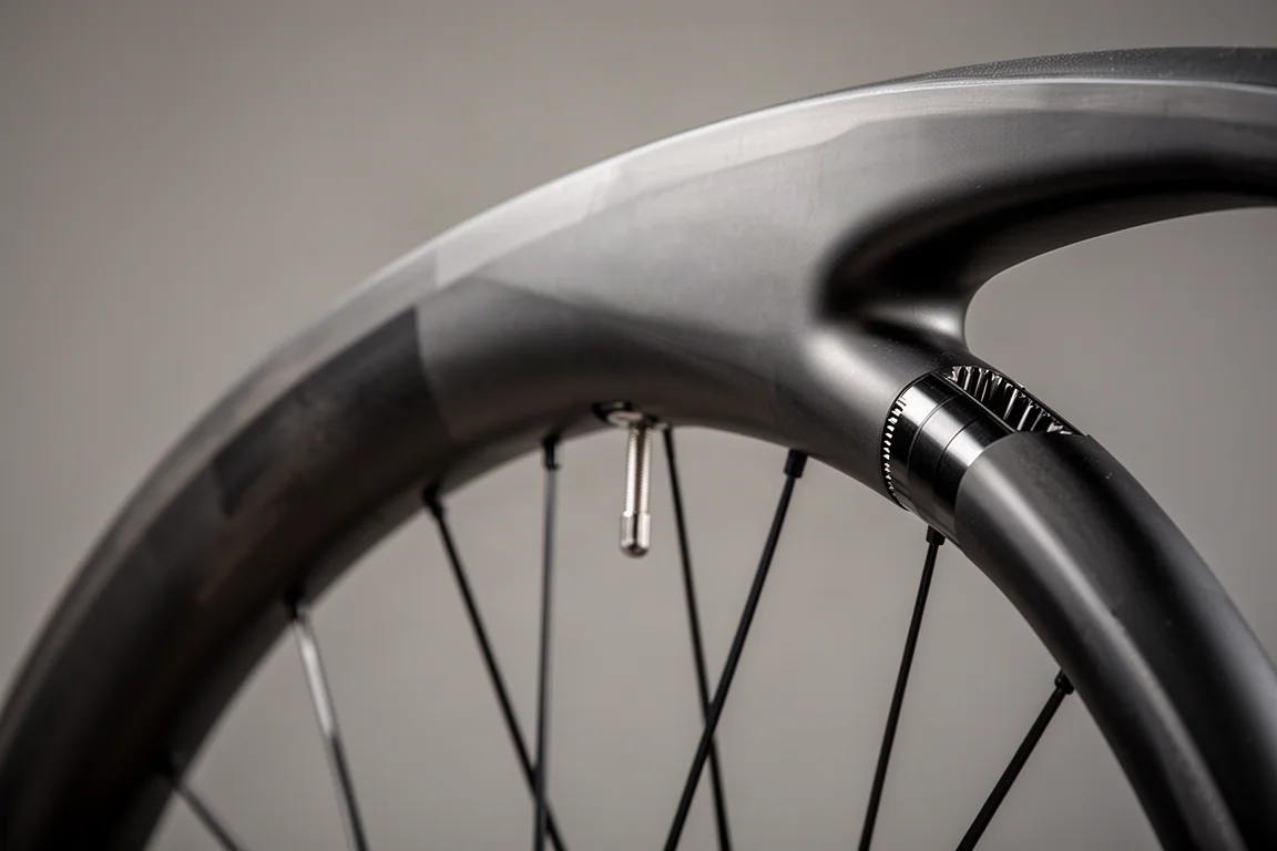 Macro-opname van een diepe carbon fietsvelg, bladspaken en een slanke naafbehuizing