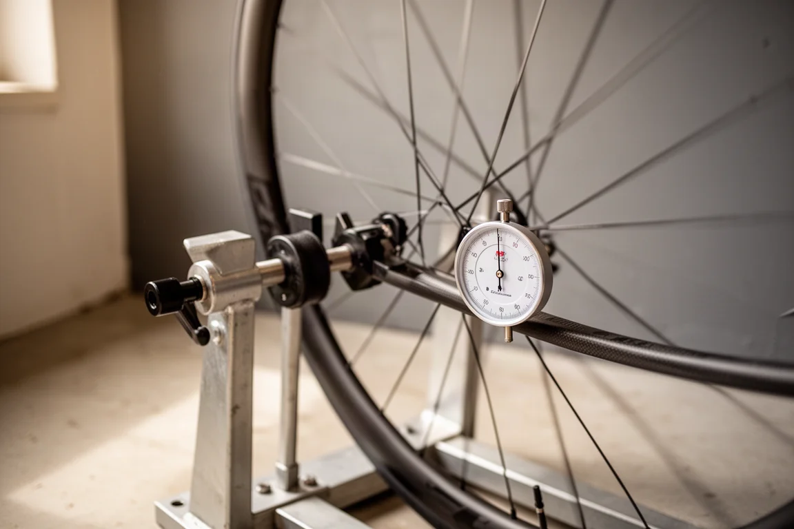 Carbon racefietswiel in een richthulp met een meetklok tegen de velg