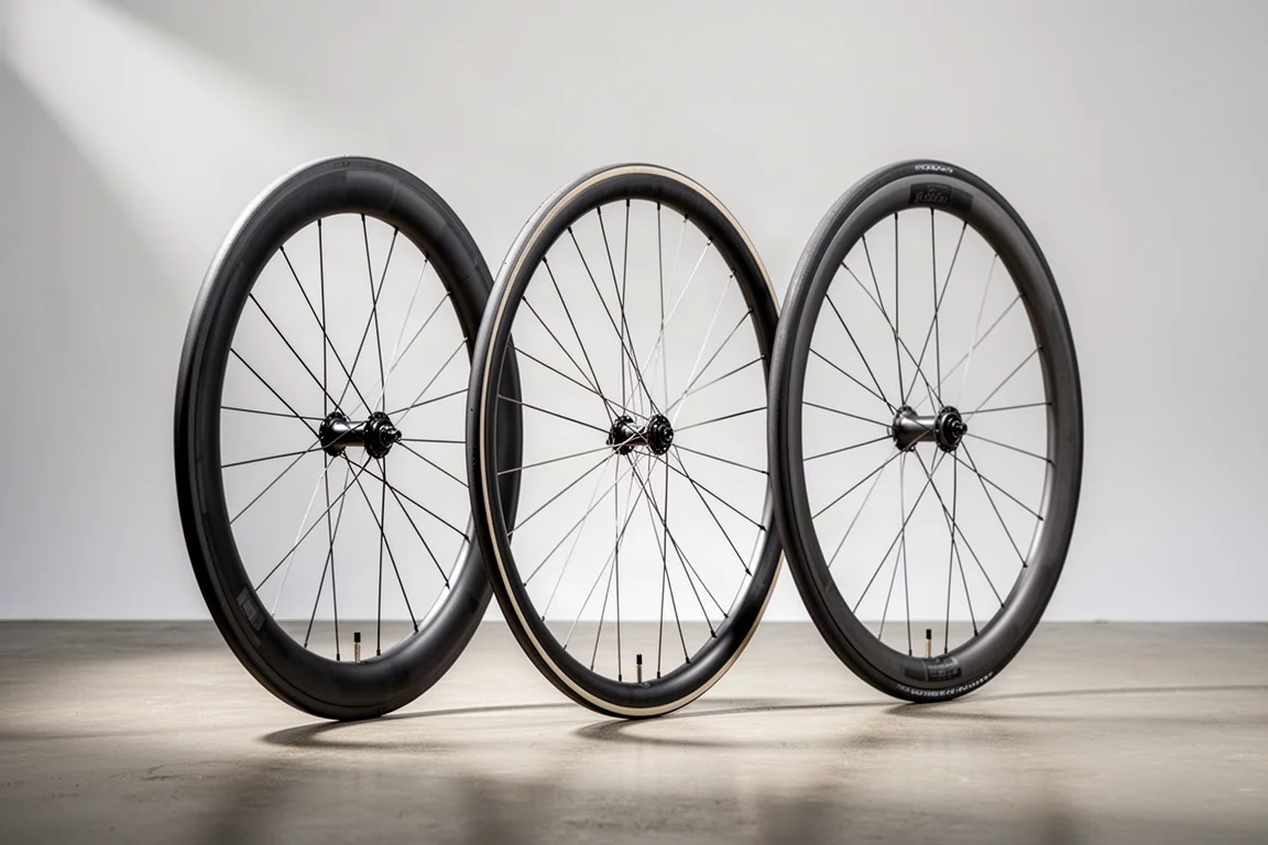 Three carbon road bike wheelsets lined up on a concrete floor against a grey backdrop