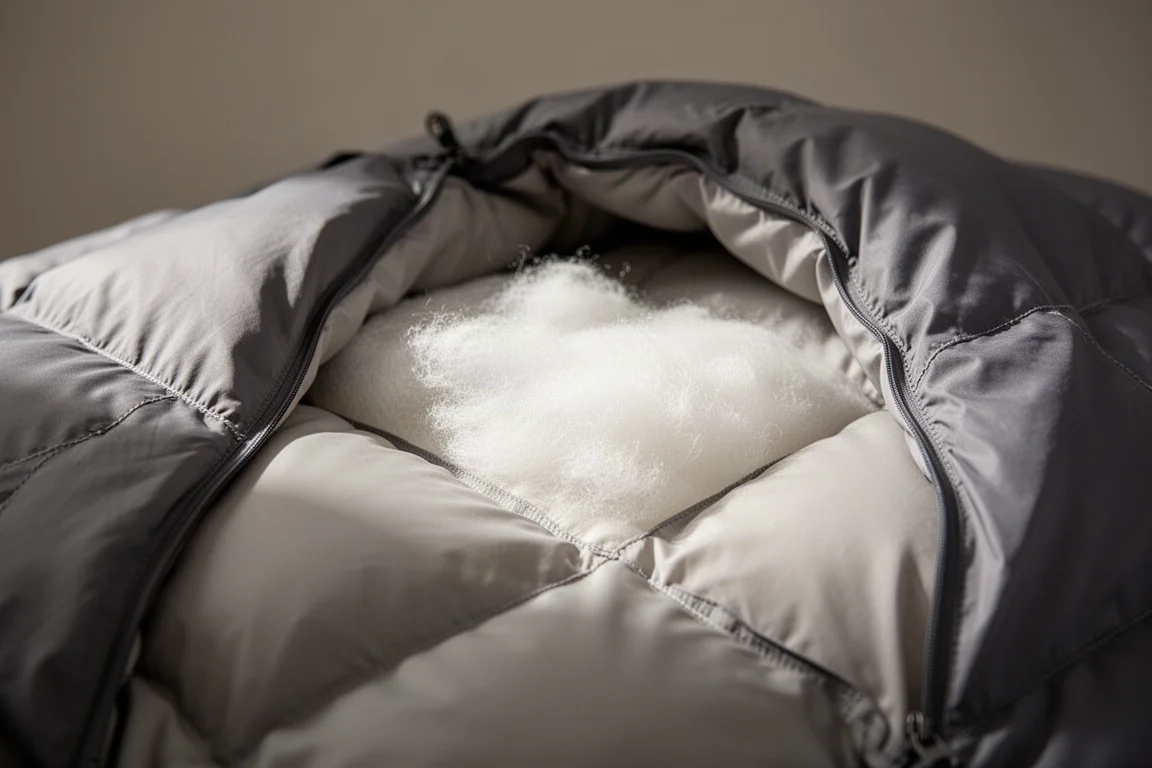 Primer plano del relleno de pluma esponjándose dentro de un tabique de saco de dormir