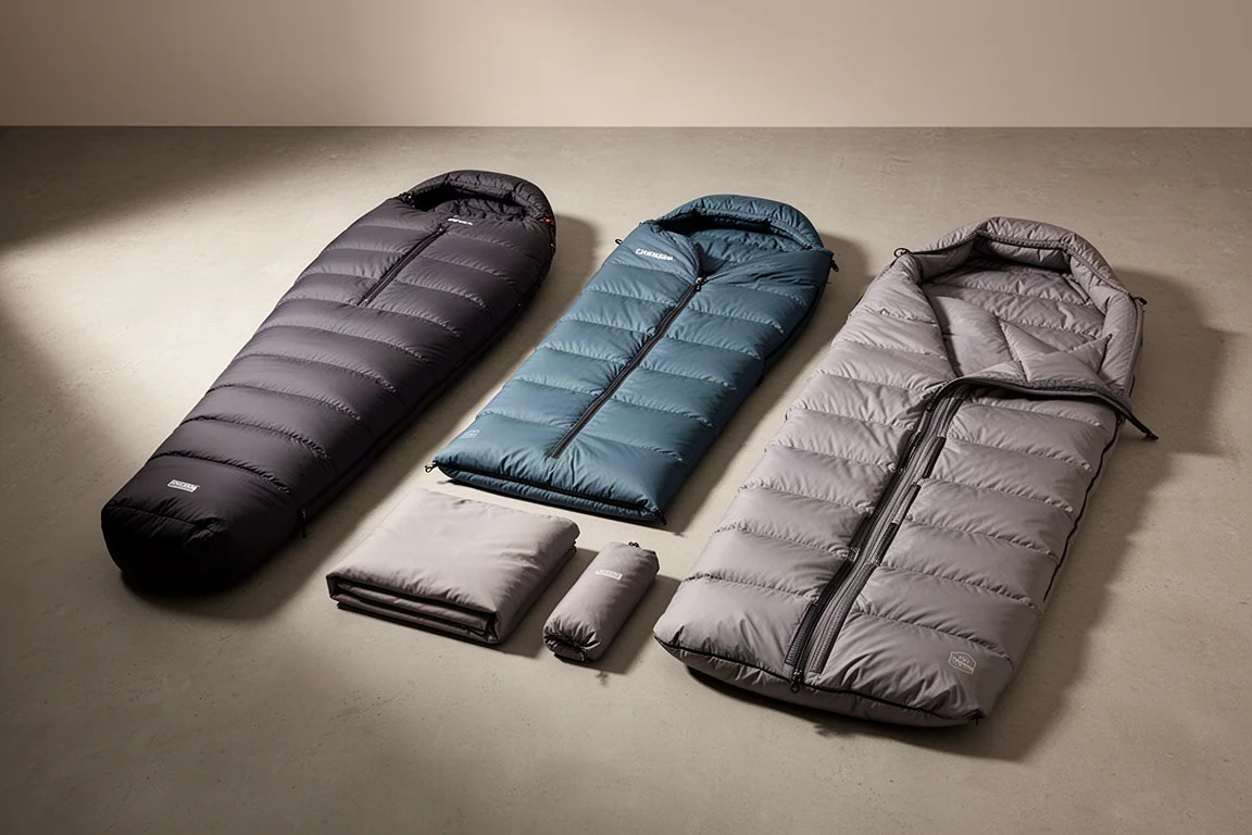 Three premium down sleeping bags arranged on a concrete surface in soft studio light