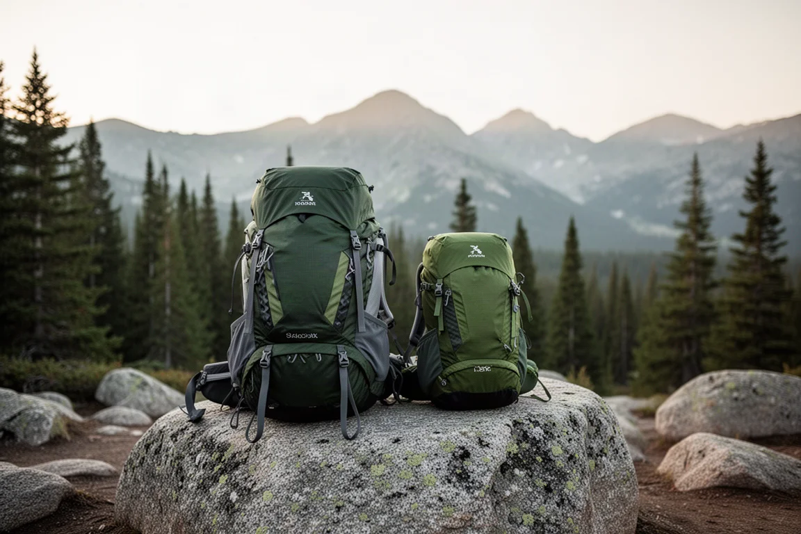 Dwa plecaki backpackingowe leżące na głazie na alpejskim obozowisku