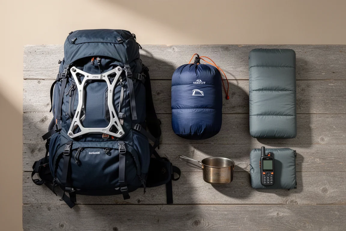 Flat-lay of premium backpacking gear on a weathered wooden surface