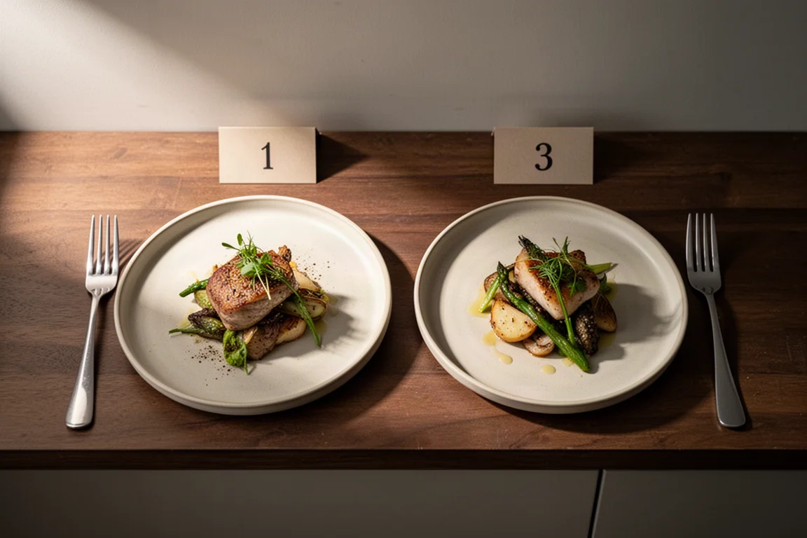 Two identical tasting plates side by side on a kitchen counter during a blind taste test