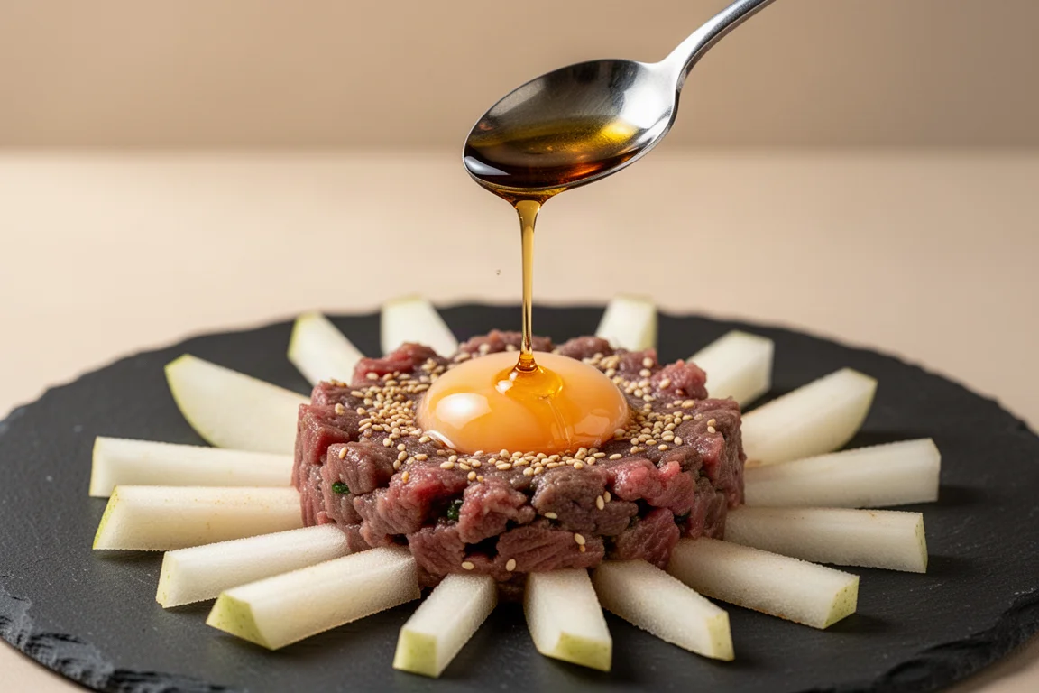 Golden toasted sesame oil drizzled over a plated Korean beef tartar dish