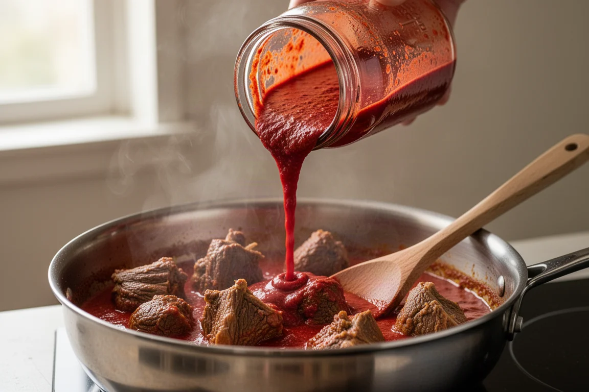 Jar of rogan josh curry sauce being poured into a pan with tender lamb pieces