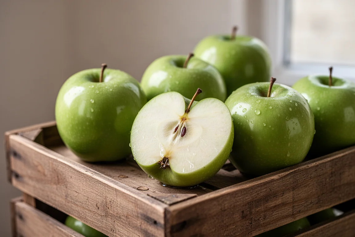 Fresh Granny Smith apples on a market-style wooden crate with natural light