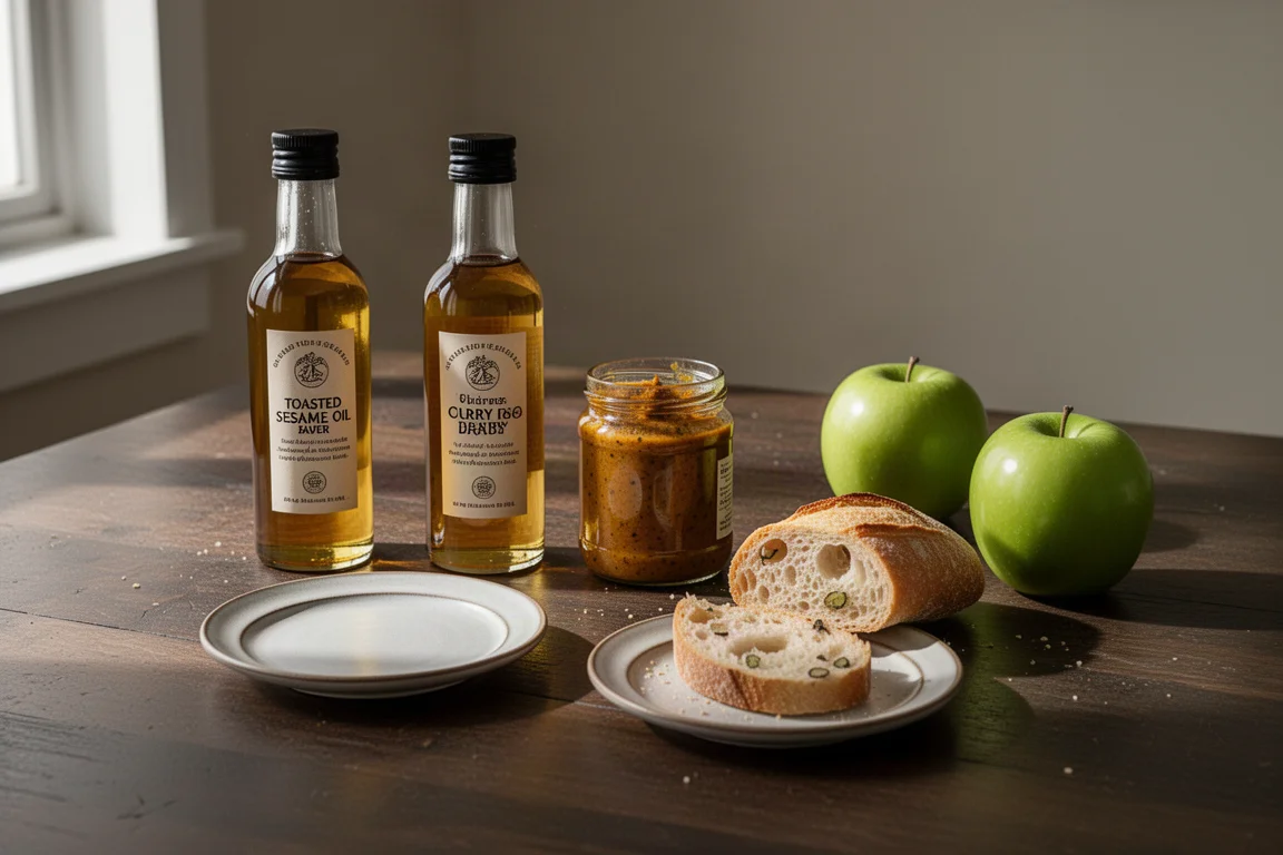 Tasting table with sesame oil, curry sauce jar, garlic bread, and green apples