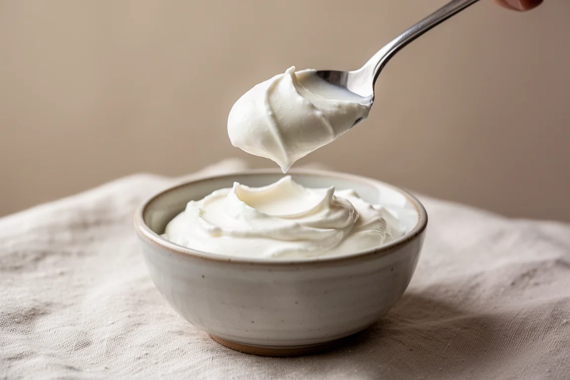 Cucharada de crema fresca espesa y cremosa sobre un plato con luz suave