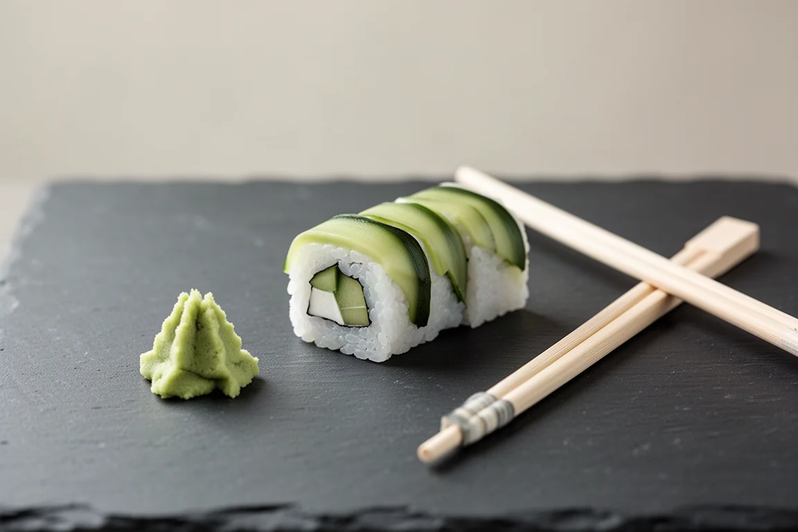 Plato de sushi con una pequeña cantidad de pasta de wasabi verde pálido al lado