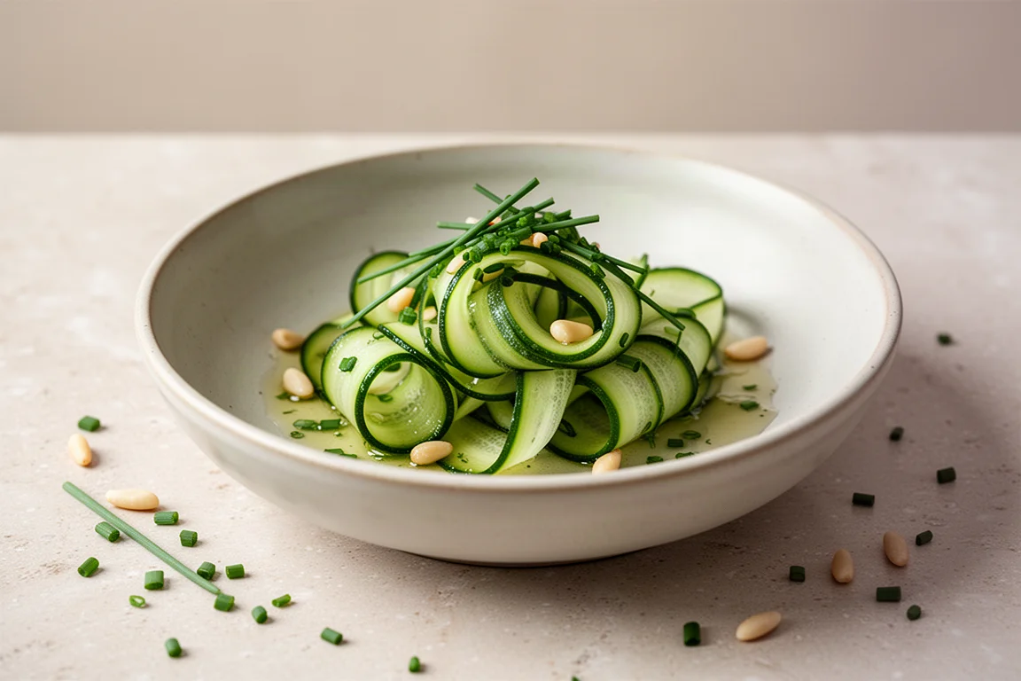 Cintas de pepino recién cortadas dispuestas en un bol de ensalada claro