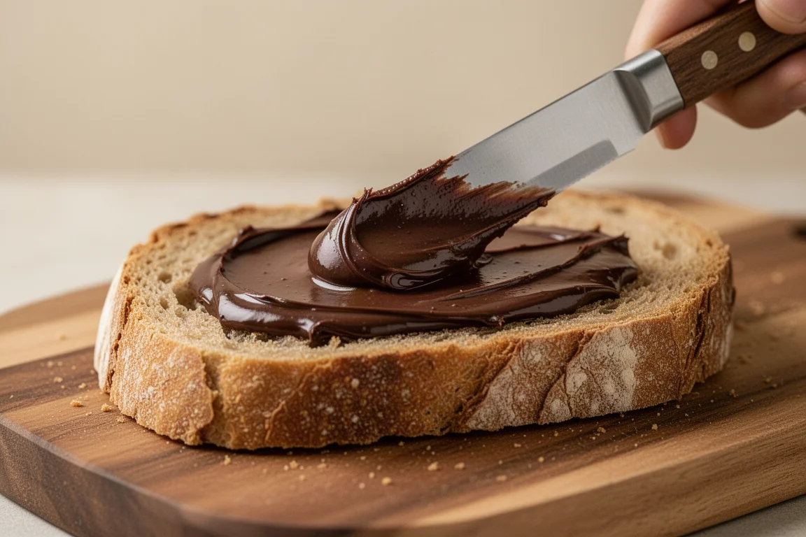 Cuchillo untando crema de chocolate oscura y suave sobre una rebanada de pan