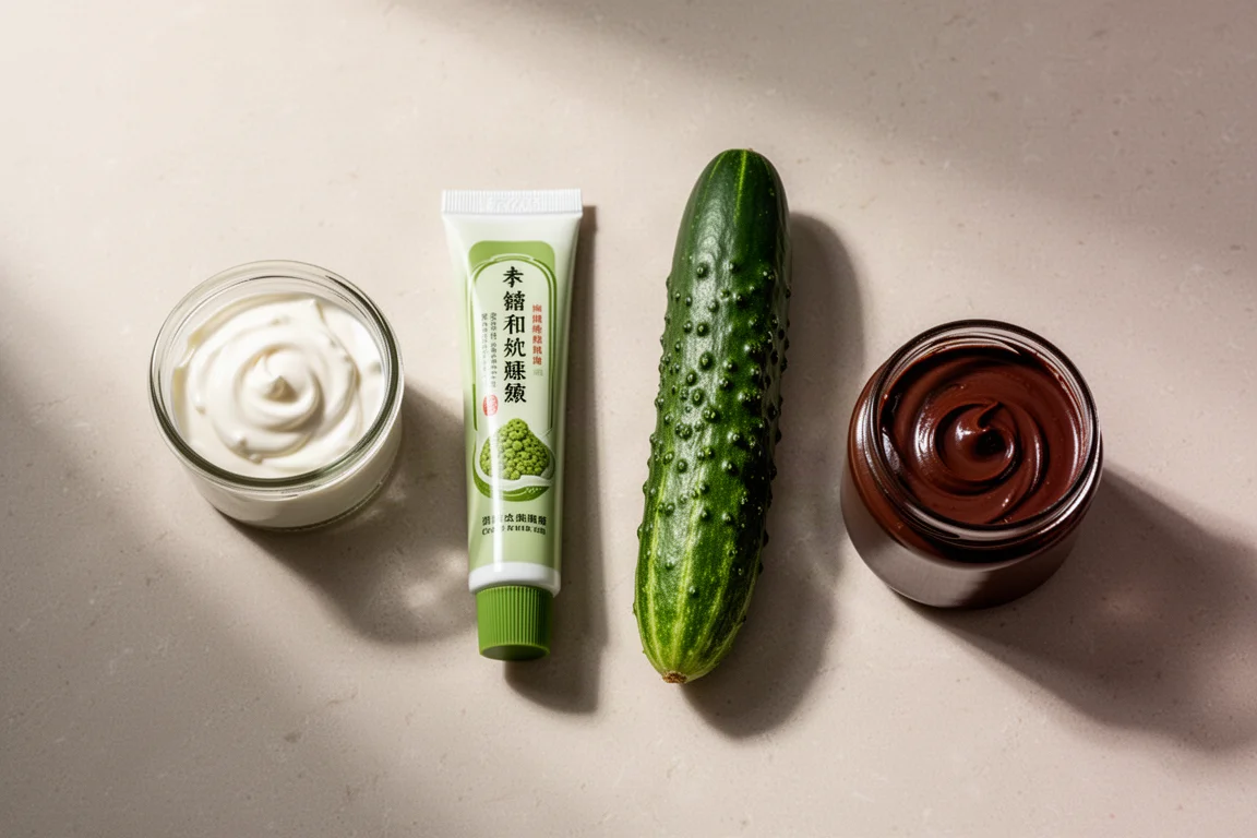 Creme fraiche jar, wasabi tube, ridged cucumber and chocolate spread arranged on a stone surface