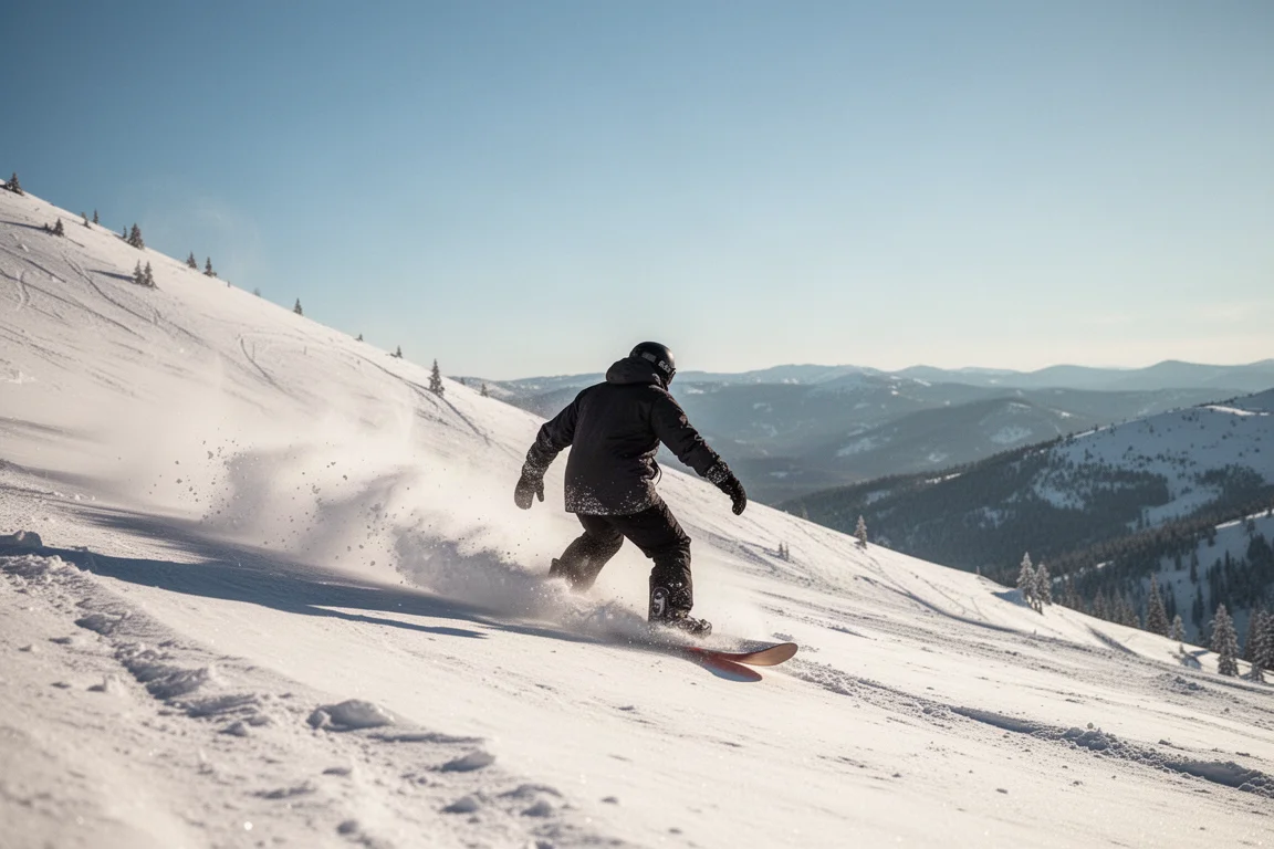 Snowboarder trazando un giro sobre nieve polvo en una pista soleada
