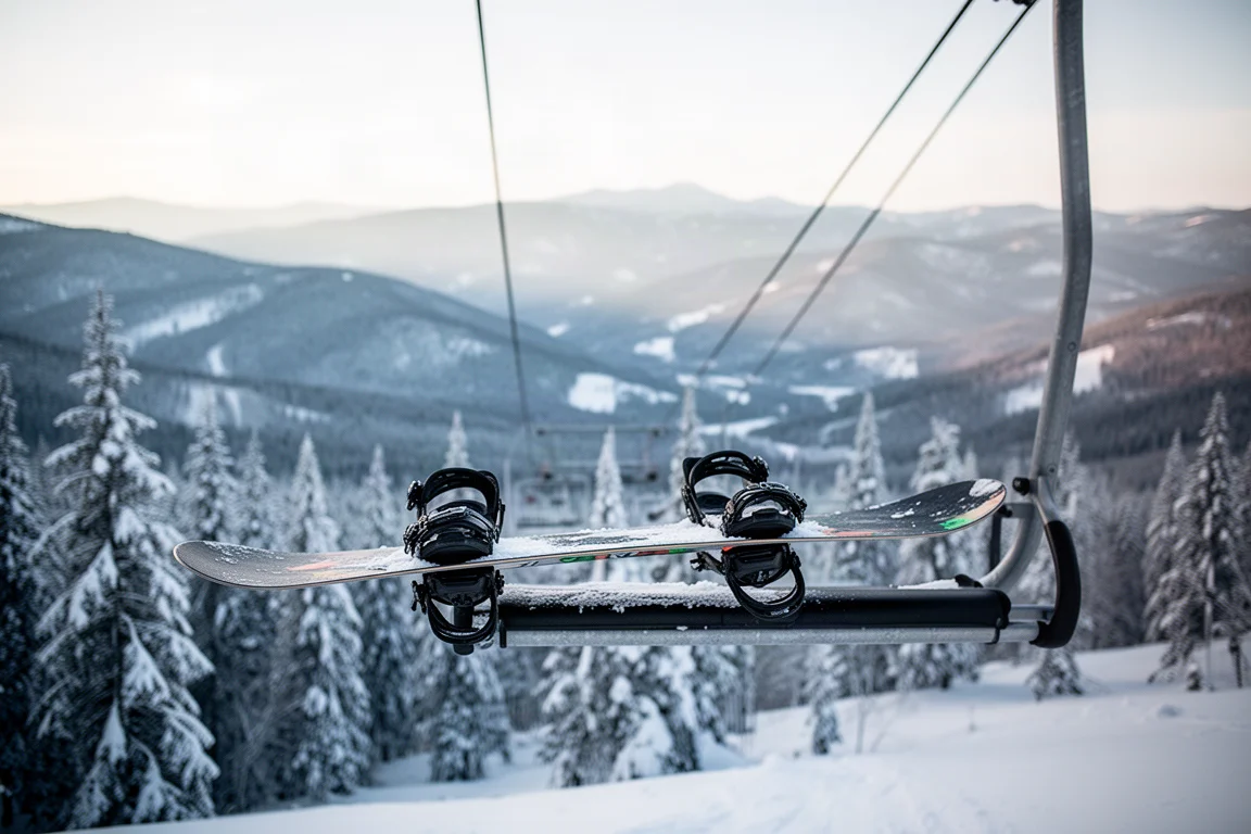 Tabla de snowboard en un telesilla con vistas a un terreno montañoso nevado