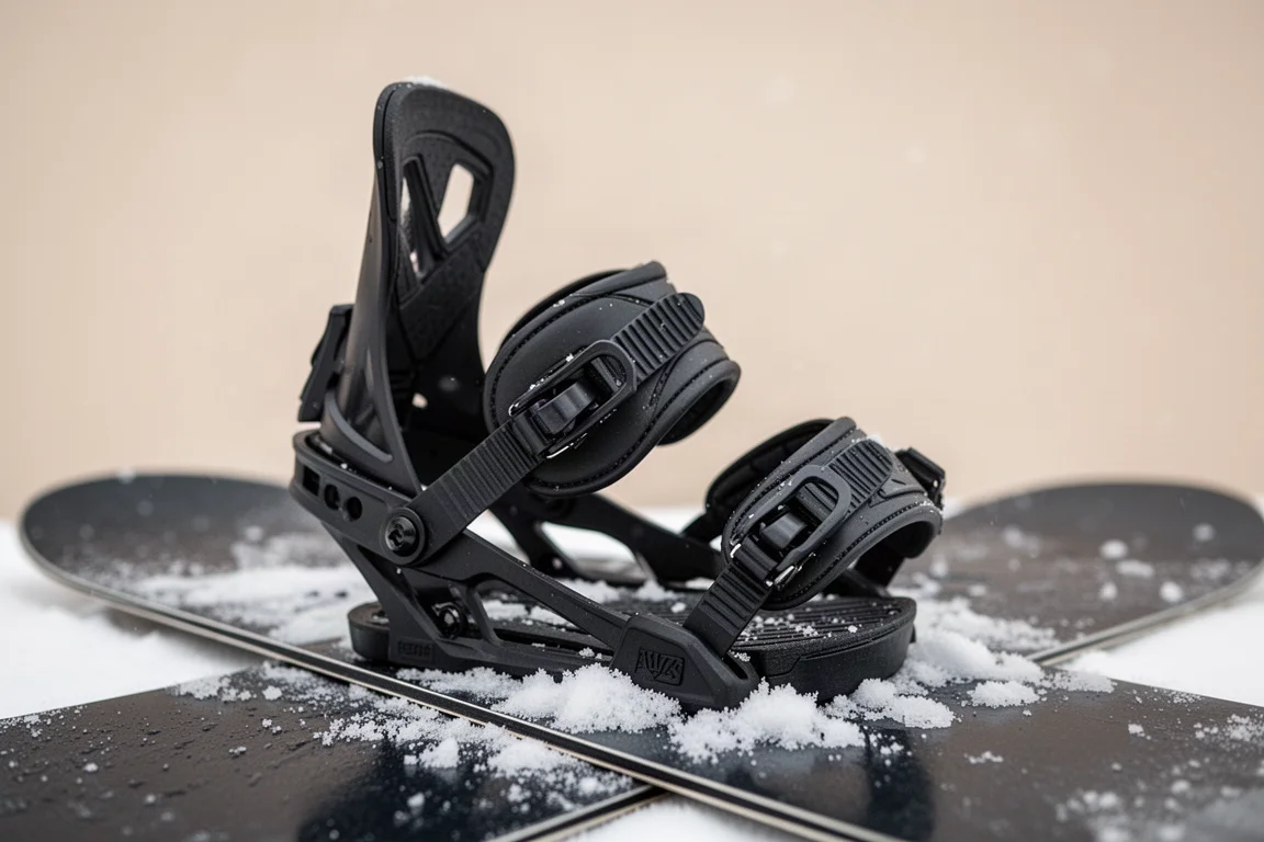 Primer plano de una fijación de snowboard montada en una tabla con luz suave
