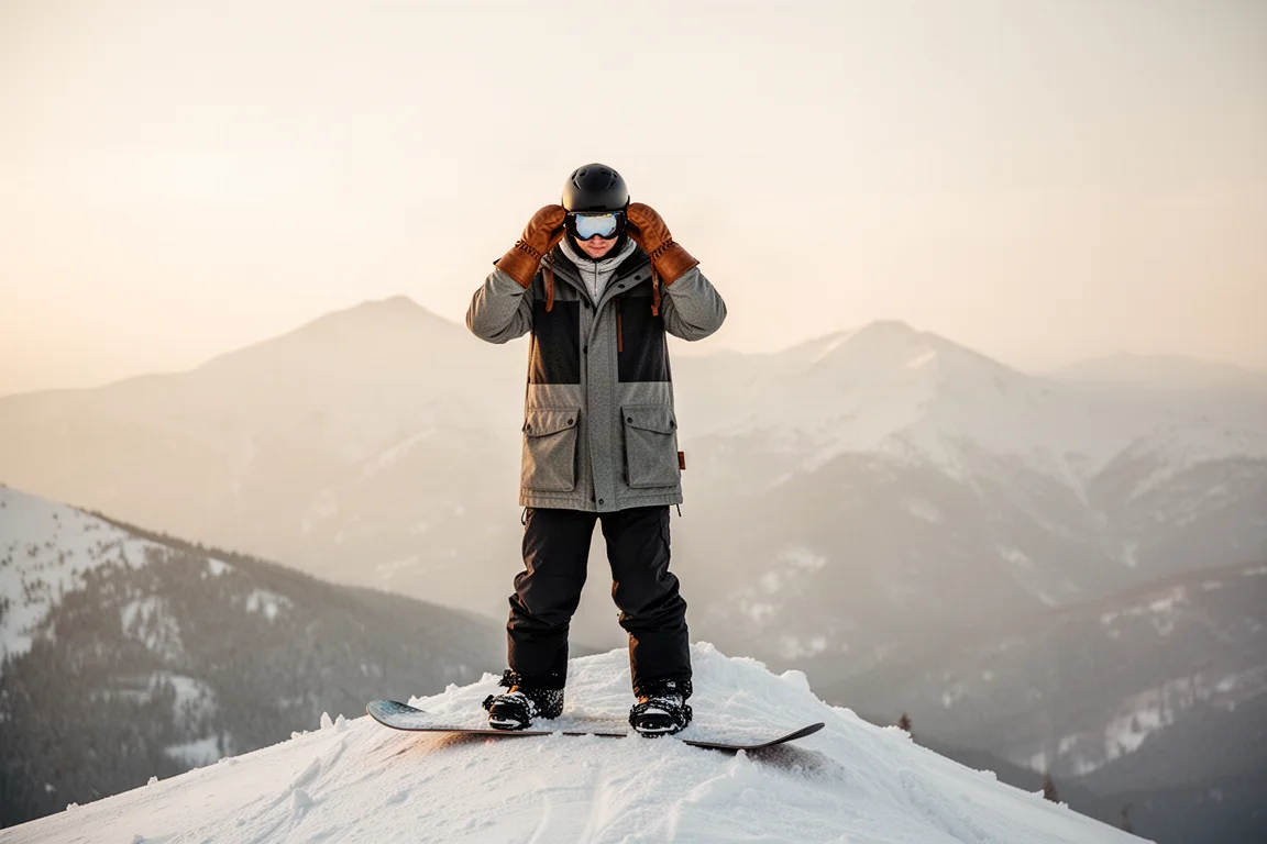Snowboarder ajustándose goggles y manoplas en una cresta nevada