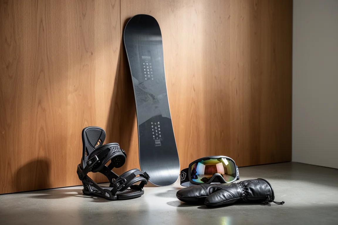 Snowboard, bindings, goggles and mitt arranged on a concrete floor