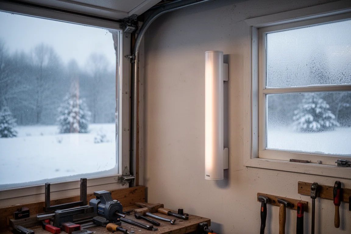 Radiateur mural fixé au mur d'un garage par une froide journée d'hiver