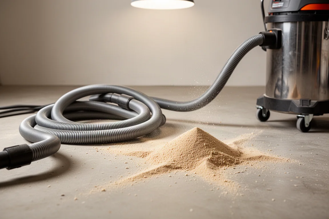 Tuyau d'aspirateur d'atelier et débris sur le sol d'un atelier après un nettoyage