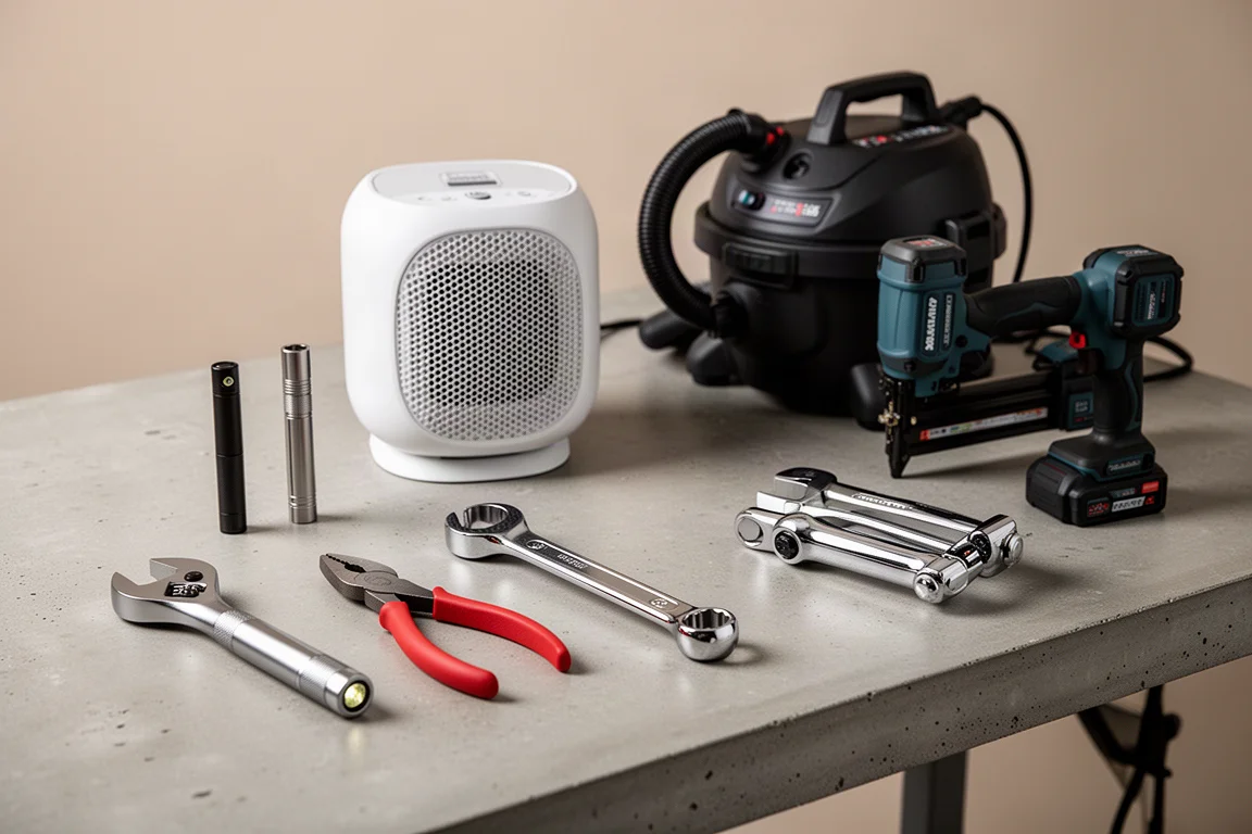 Flashlight, pliers, wrench, heater, shop vacuum, and nailer arranged on a workbench