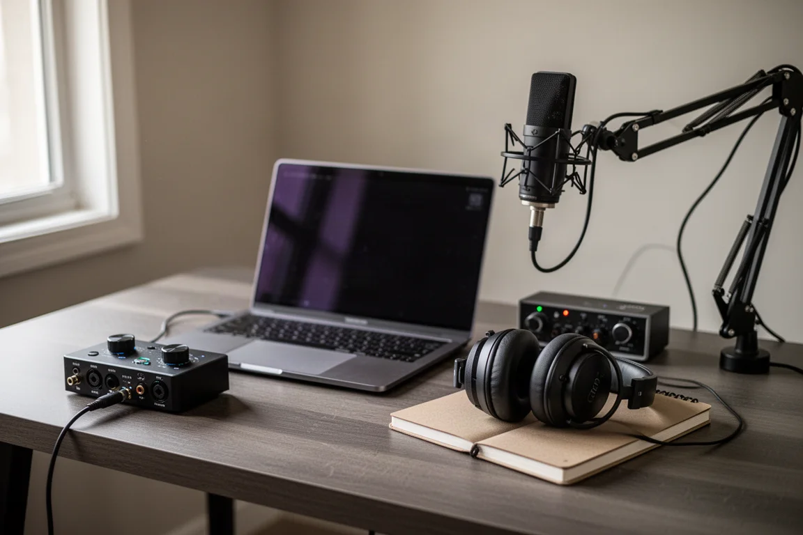 Scrivania di uno studio domestico con laptop, interfaccia audio, cuffie e microfono in luce diurna soffusa