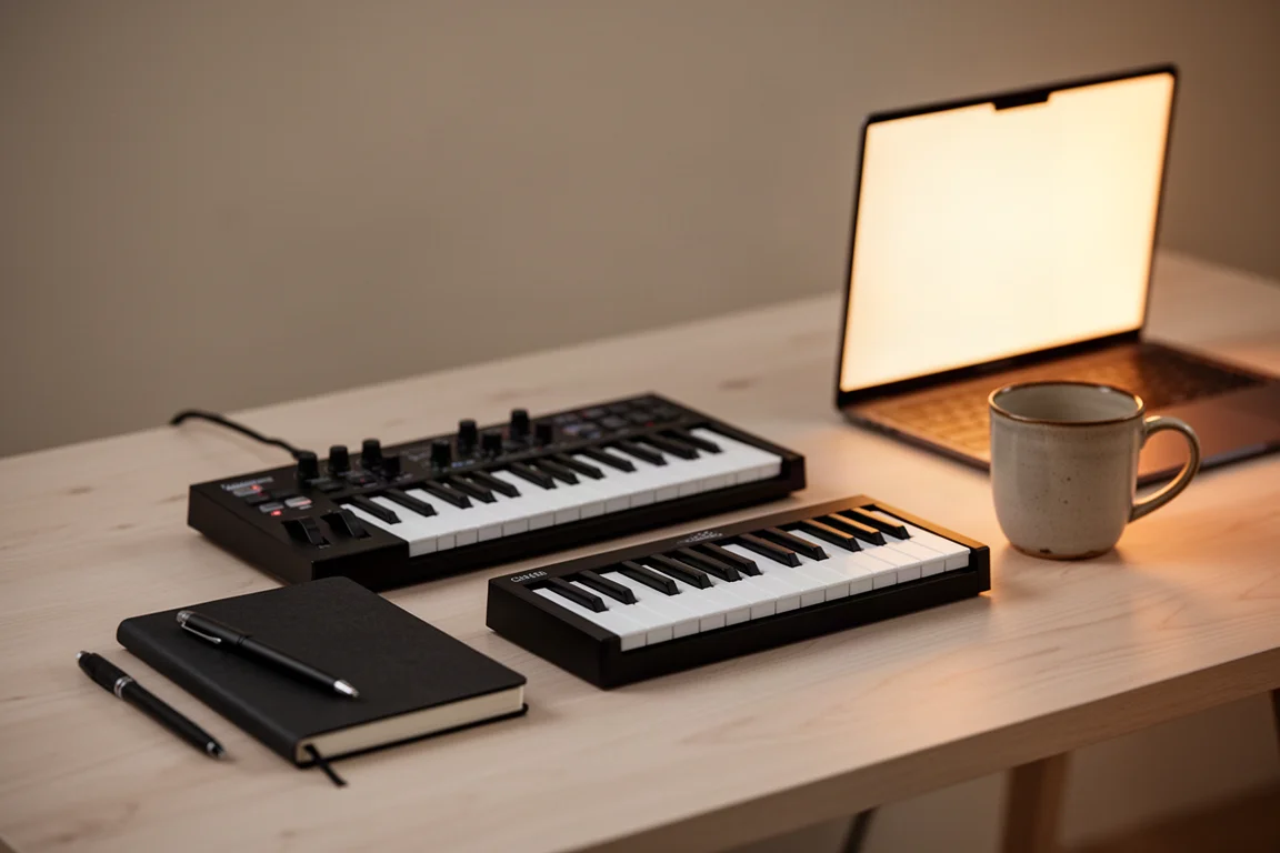 Scrivania di un cantautore con tastiera MIDI, quaderno e laptop dalla luce soffusa durante l'ora d'oro