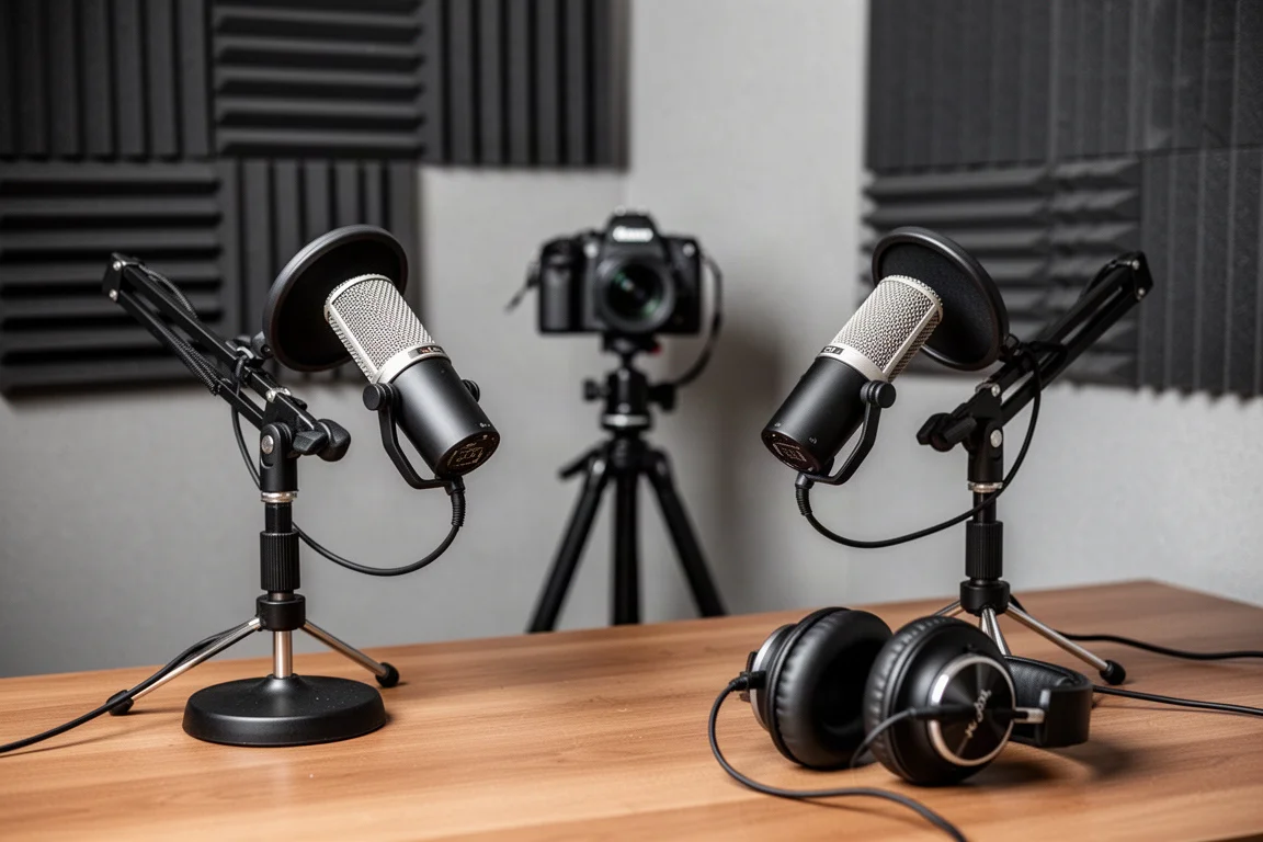 Angolo per la registrazione di podcast con due microfoni, videocamera su treppiede e pannelli acustici