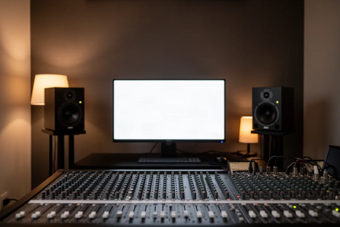 Studio domestico compatto al crepuscolo con superficie di controllo a fader, monitor e luce calda di una lampada