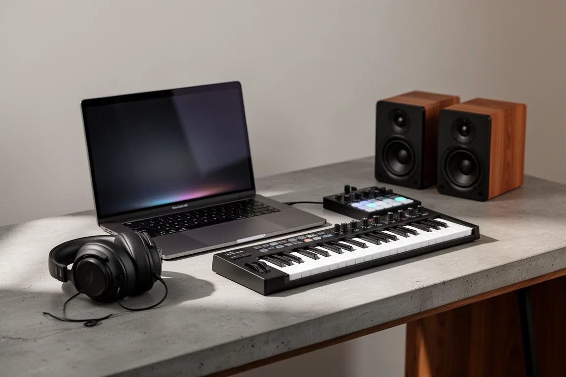 Music production desk with laptop, MIDI keyboard, headphones, and monitor speakers