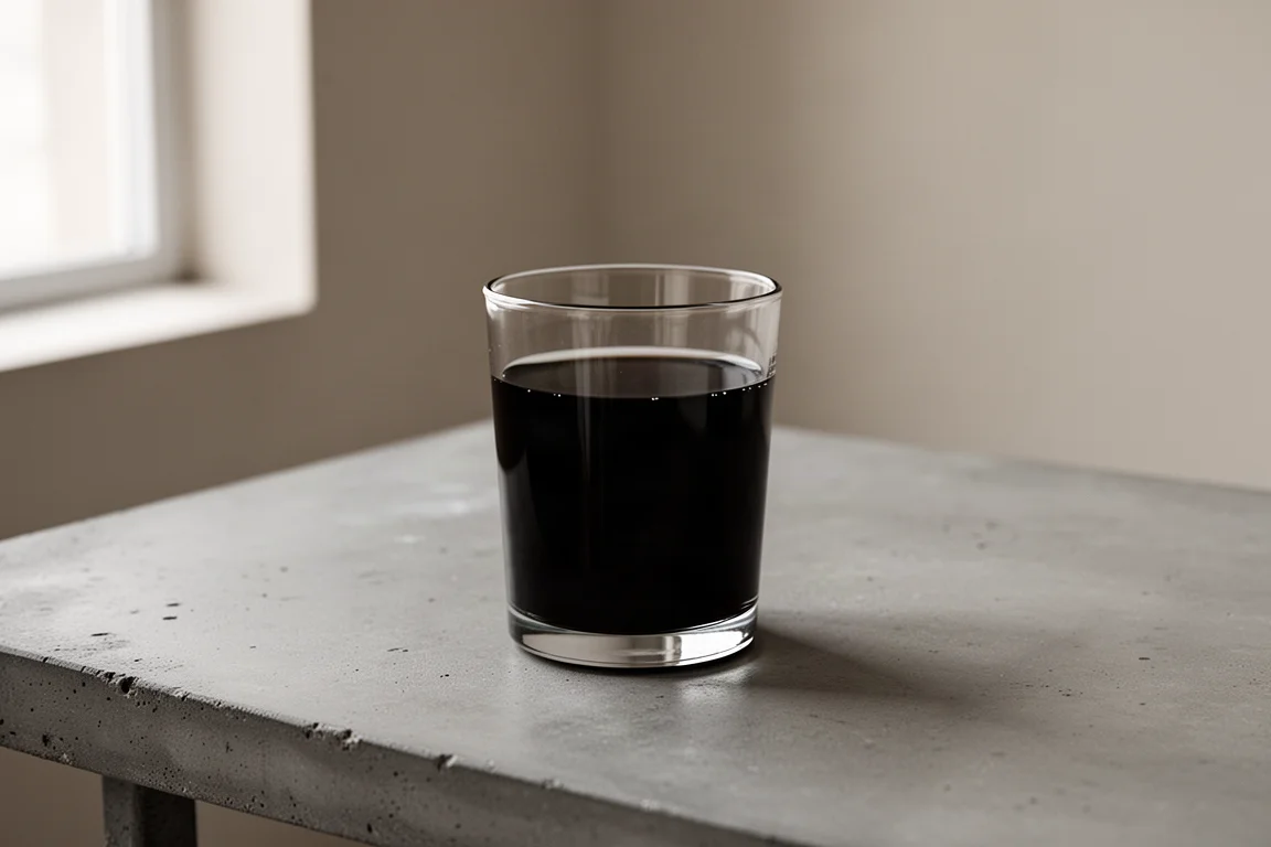 Glas mit dunklem schwarzem Wasser auf einer Betonfläche neben einer schlichten Wasserflasche