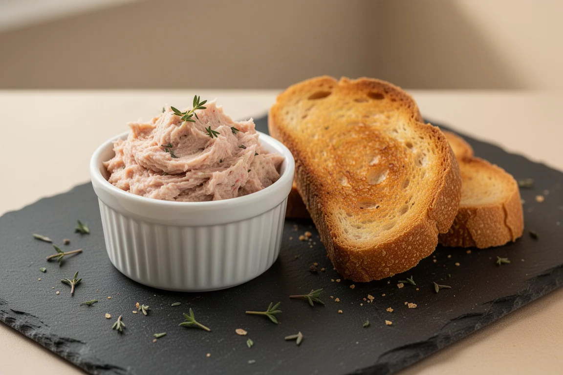 Rillette vom Blauen Hummer auf getoastetem Brot auf einer Schieferplatte serviert