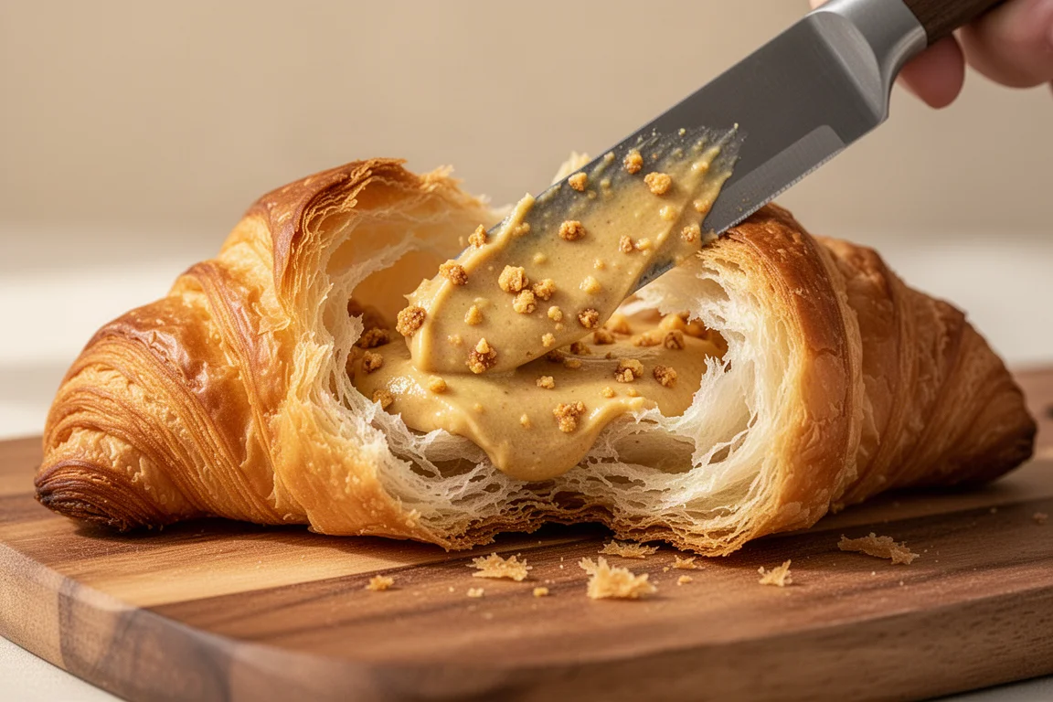 Dickflüssiger goldener Croissant-Aufstrich wird auf einen frisch geschnittenen Croissant gestrichen