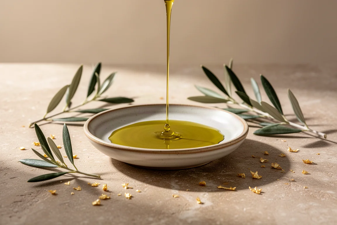 Goldenes Olivenöl wird in eine kleine Schale geträufelt, daneben frische Olivenzweige