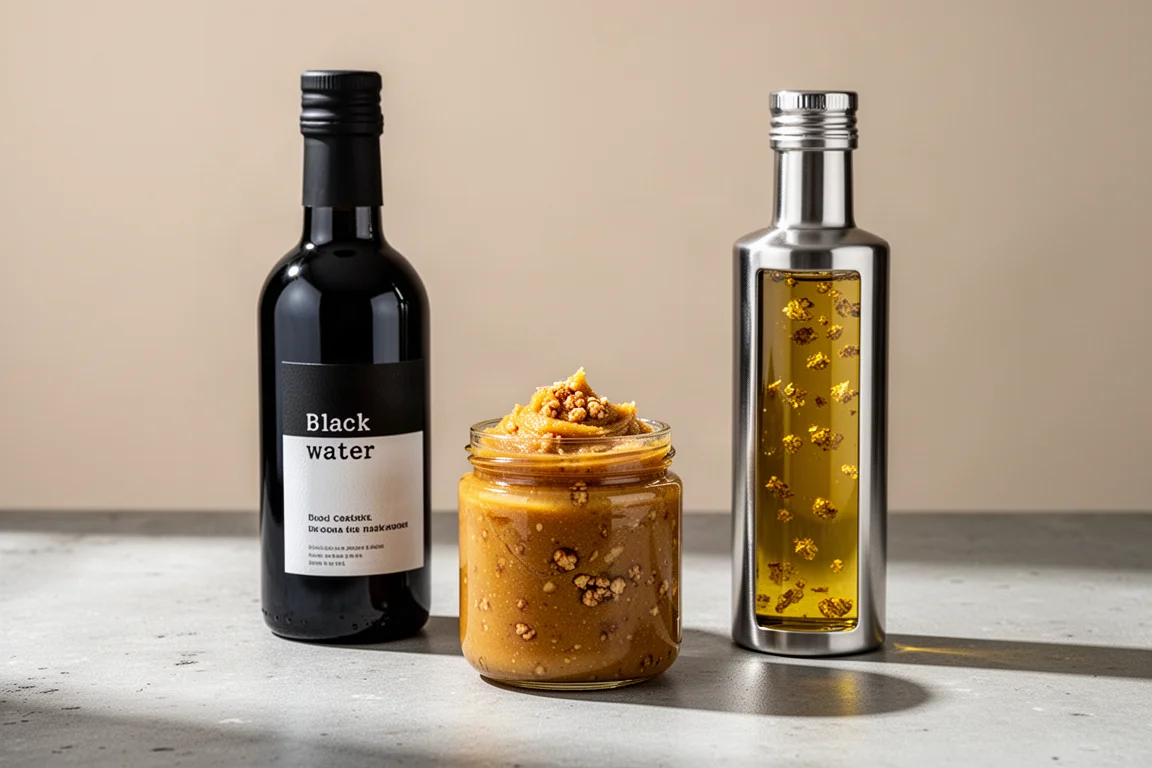 Flasche schwarzes Wasser, Glas goldener Brotaufstrich und Olivenölflasche auf einer Betonfläche