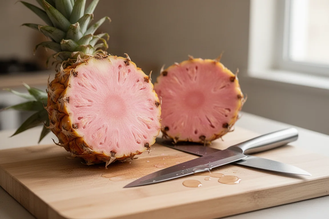 A cut pineapple with pink flesh on a cutting board