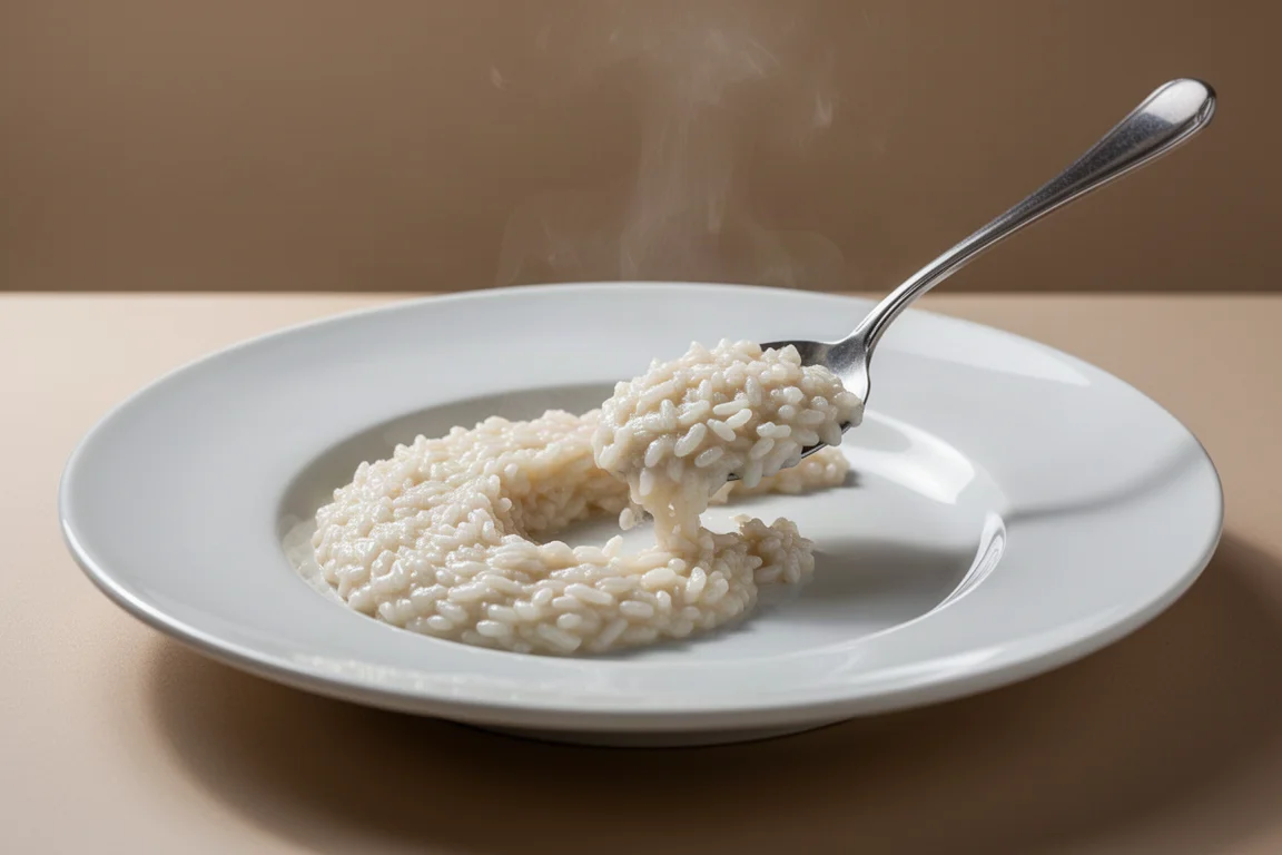Creamy risotto being plated on a white ceramic plate