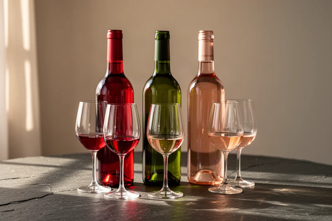 Three wine bottles with filled glasses on a table