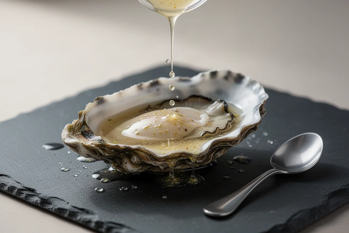 Open oyster shell dressed with a light vinaigrette