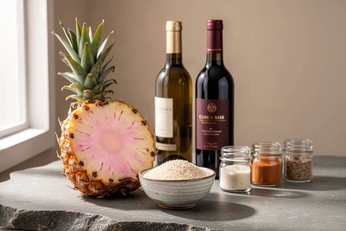 Pink pineapple, rice, wine bottles and condiment jars on a stone surface