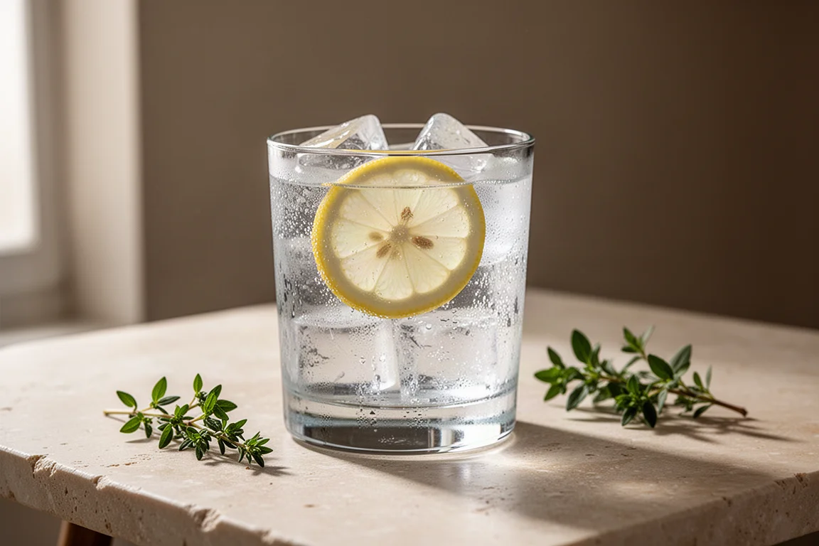 Gin z tonikiem w szklance z plasterkiem cytryny na lodzie na kamiennym stole